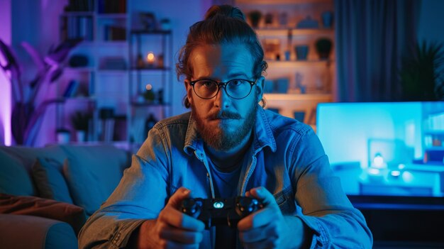 Joven jugador masculino jugando videojuegos en línea mientras transmite en redes sociales