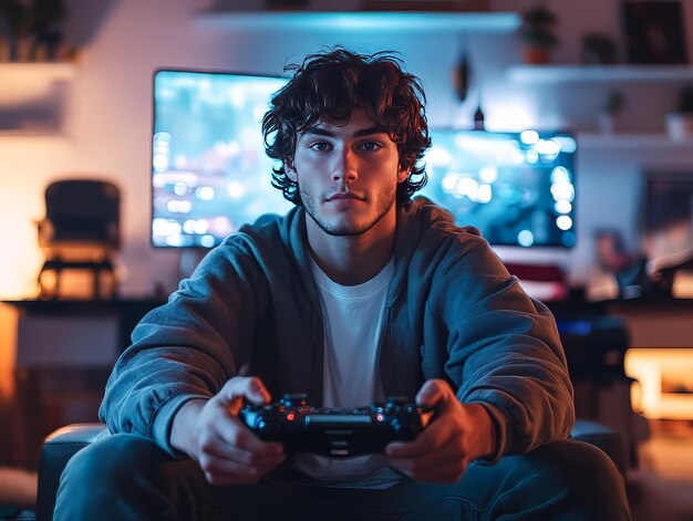Joven jugador que transmite y juega juegos en línea