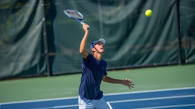 Foto un joven jugador de tenis de camisa azul y pantalones cortos blancos hace un revés.