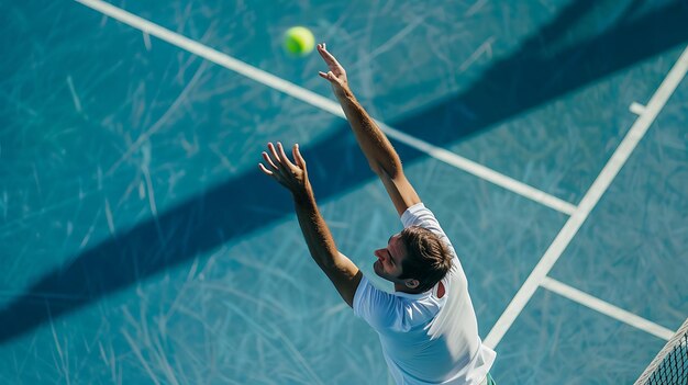 Un joven jugador de tenis lanza la pelota para servir durante un partido en una cancha dura azul