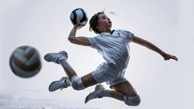 Foto joven jugador de voleibol caucásico placticando aislado sobre un fondo blanco