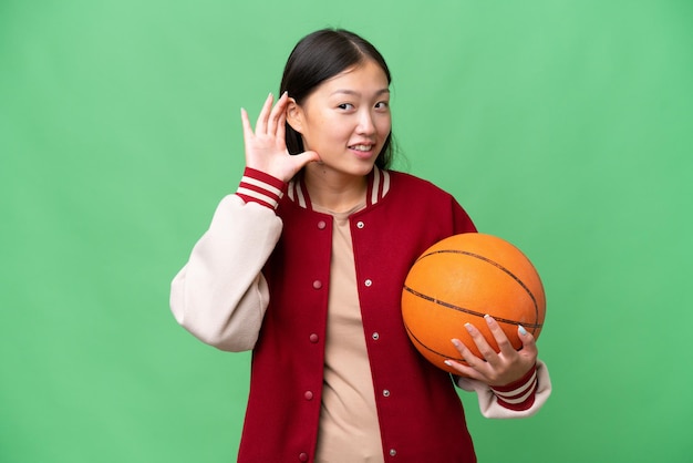 Joven jugadora de baloncesto mujer asiática sobre un fondo aislado escuchando algo poniendo la mano en la oreja