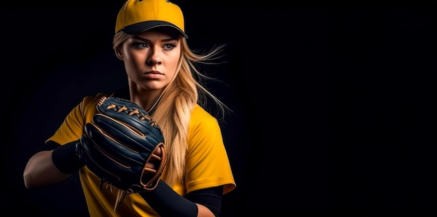 Joven jugadora de béisbol adulta sosteniendo un guante de softbol y una pelota en su guante IA generada