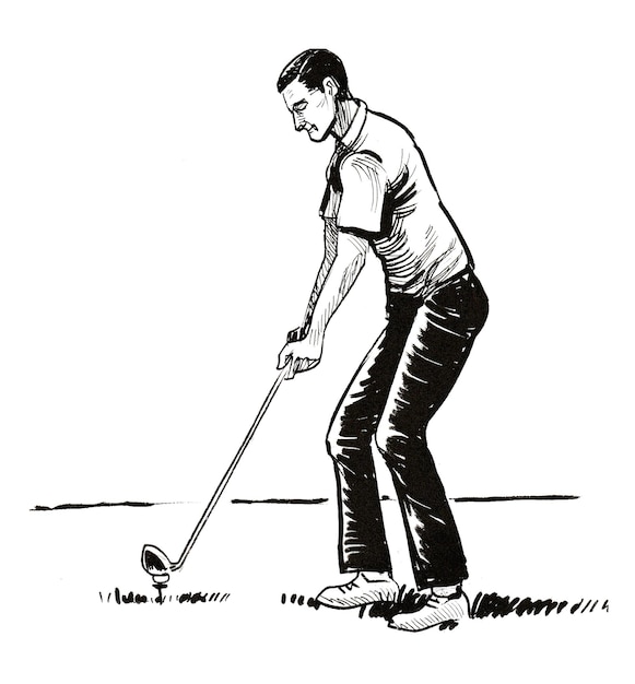 Joven jugando al golf. Dibujo a tinta en blanco y negro