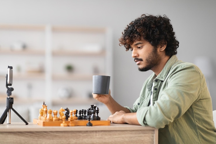 Foto joven jugando al juego de mesa con un amigo en una llamada en línea