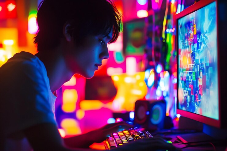 Foto un joven jugando con una colorida iluminación ambiental