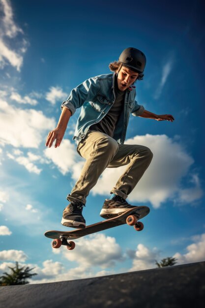 Un joven jugando patineta con fondo de cielo azul.