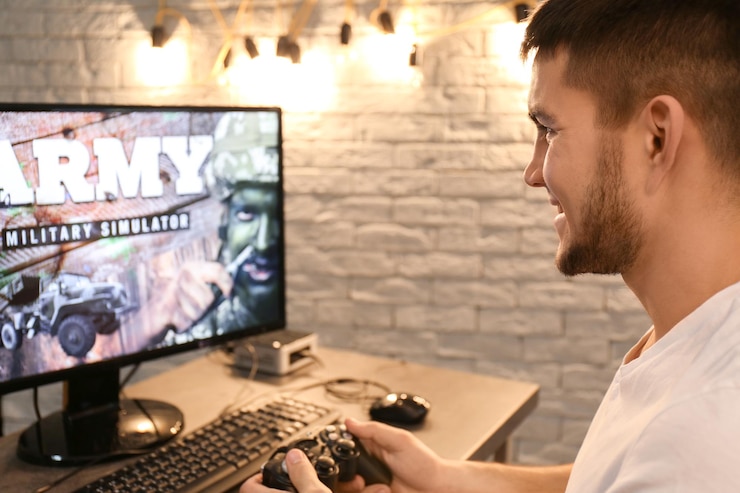 Foto joven jugando videojuegos en casa