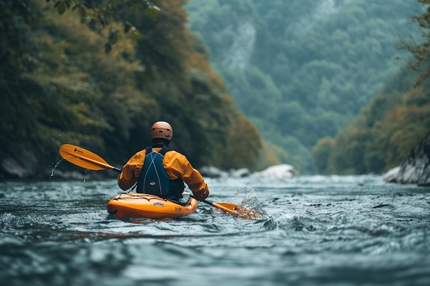 Foto joven en kayak en un río de montaña concepto de estilo de vida activo