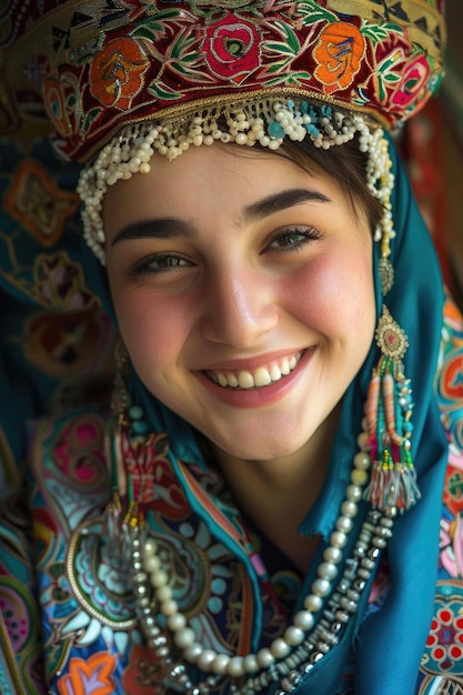 Una joven kazaja alegre y hermosa vestida con trajes tradicionales celebrando el Nowruz