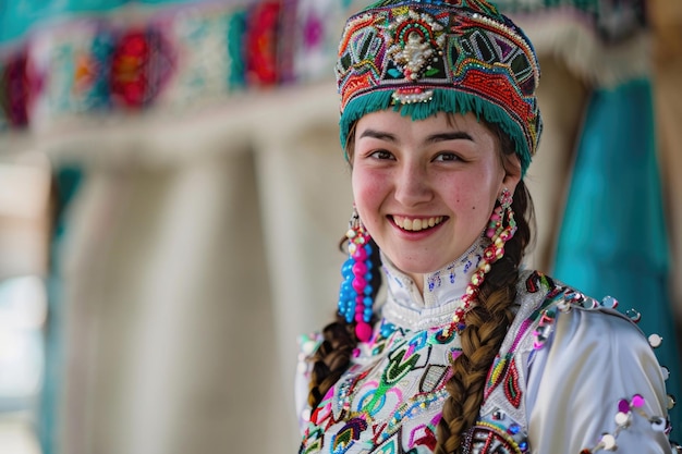 Una joven kazaja alegre y hermosa vestida con trajes tradicionales celebrando el Nowruz