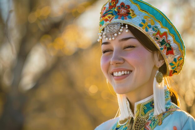 Una joven kazaja alegre y hermosa vestida con trajes tradicionales celebrando el Nowruz