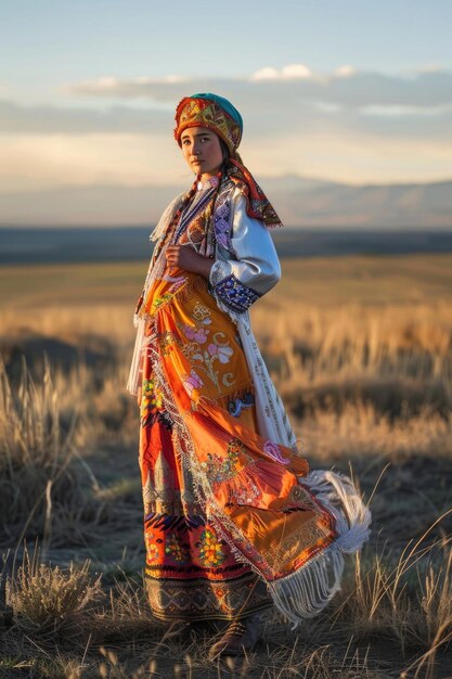 Foto una joven kazaja su vestido un tapiz de tradición