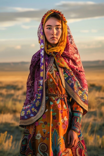 Foto una joven kazaja su vestido un tapiz de tradición