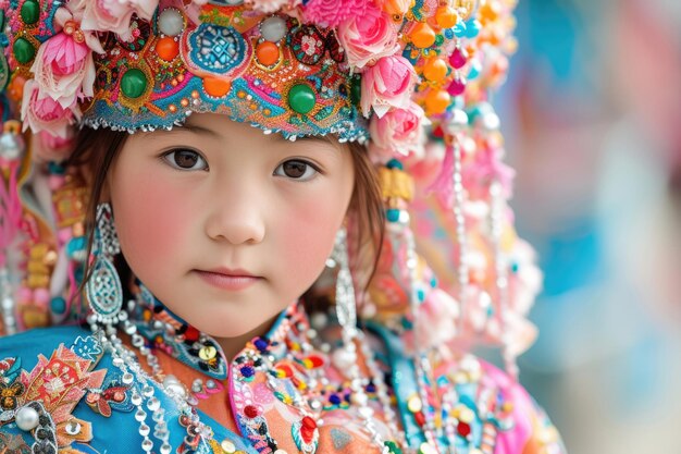 Una joven kazaja vestida con un vestuario tradicional vibrante