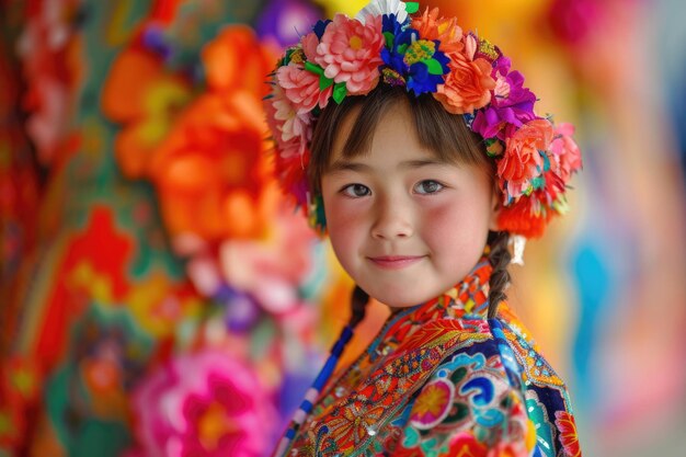 Foto una joven kazaja vestida con un vestuario tradicional vibrante