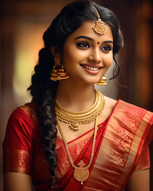 Joven de Kerala de 25 años aturde con un sari de seda rojo y dorado y su belleza realzada con una intrincada joya