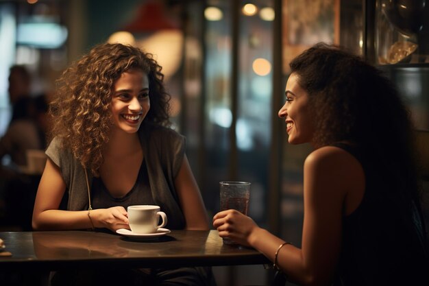 Una joven latina bebiendo café con una amiga en un restaurante.