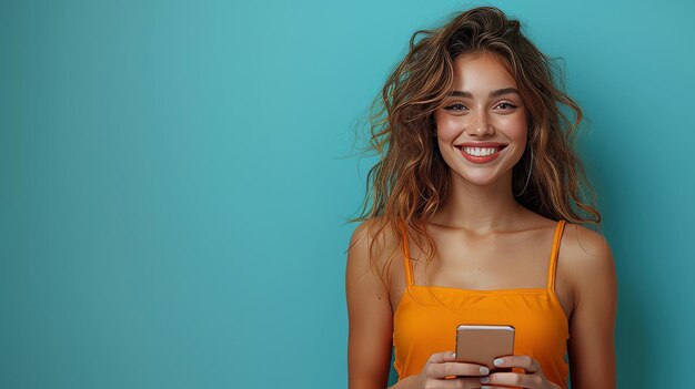 Una joven latina bonita sosteniendo un teléfono inteligente haciendo compras en línea en el celular usando aplicaciones en el teléfono de pie aislada en un fondo azul