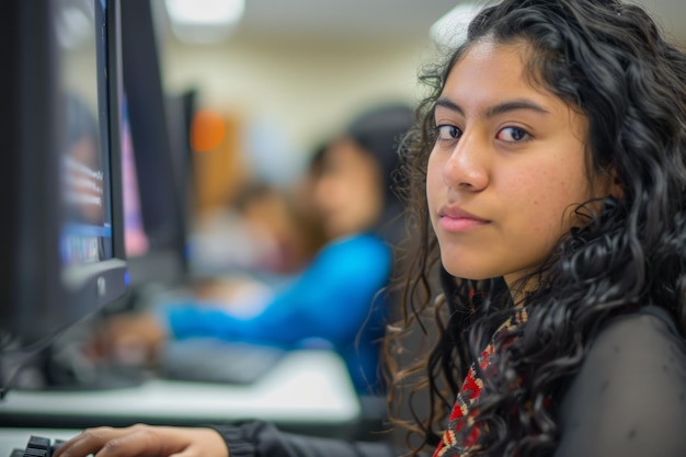 una joven latina inmersa en sus estudios sentada en una pantalla de computadora en un aula