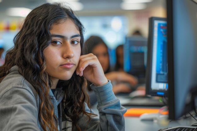 una joven latina inmersa en sus estudios sentada en una pantalla de computadora en un aula