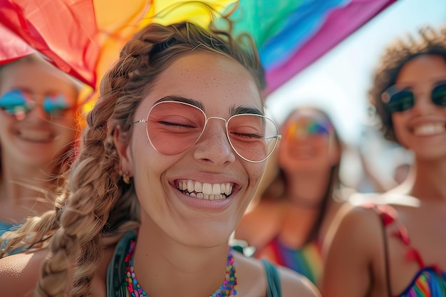 Una joven latina sonríe celebrando el Desfile del Orgullo LGBTQ con sus amigos AI generativa