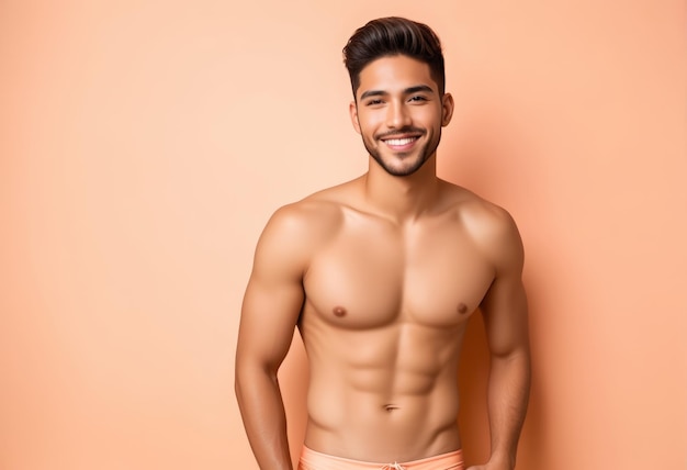 Un joven latino sonriente con un físico tonificado posando en traje de baño perfecto para el fitness y las vacaciones de verano