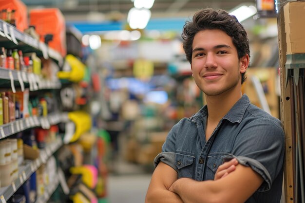 Joven latino trabajando en ferretería