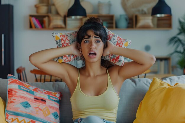 Foto una joven latinoamericana insatisfecha y enojada sentada en el sofá en casa y cubriendo las orejas con almohadas por el ruido excesivo