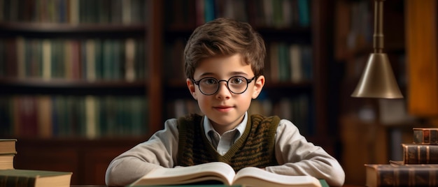 Joven lector con suéter y gafas absorto en una encantadora historia generativa de IA