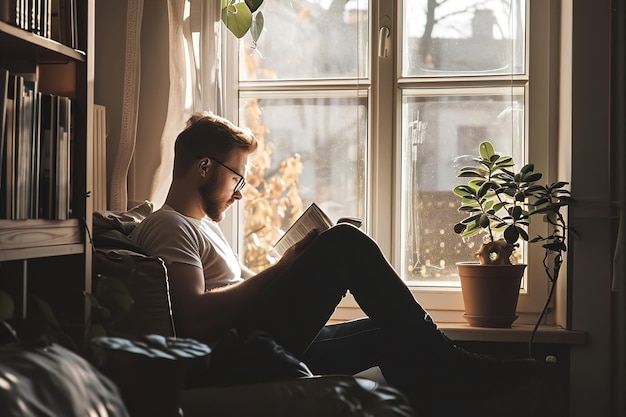 Joven leyendo un libro Un acogedor rincón de lectura minimalista con luz natural