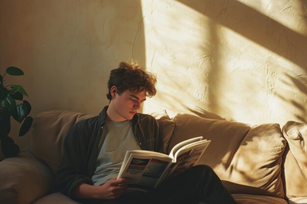 Un joven leyendo una revista en el sofá de su casa.