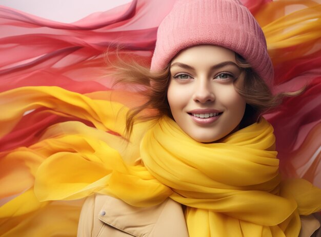 Foto una joven linda con una bufanda en un fondo rosa