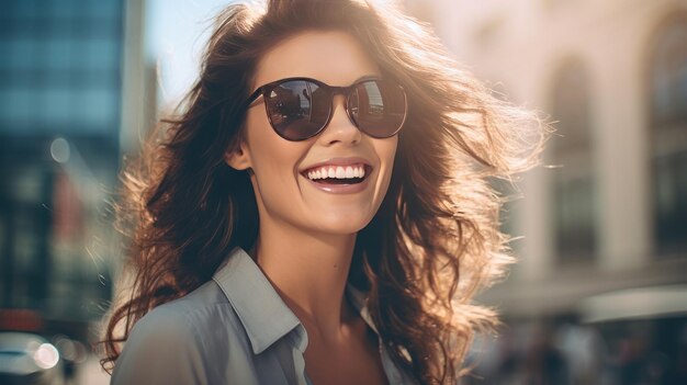 Foto joven, linda, feliz, sonriente, segura, positiva, mujer de negocios de pie al aire libre.