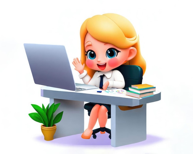 Joven y linda mujer de negocios trabajando con una computadora portátil personaje de dibujos animados en 3D