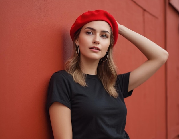 Foto joven linda de pie en una pared con sombrero rojo