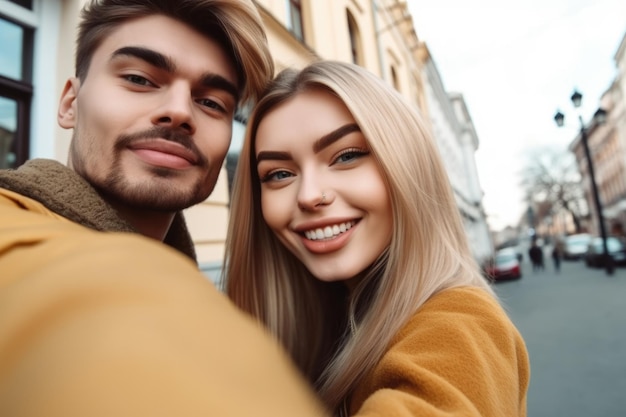 Una joven linda tomando una selfie con su novio.