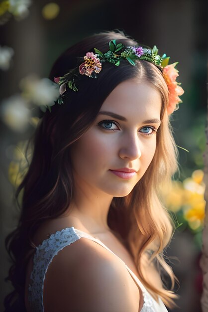 Una joven linda con un vestido blanco elegante de verano y flores en el cabello caminando en el jardín