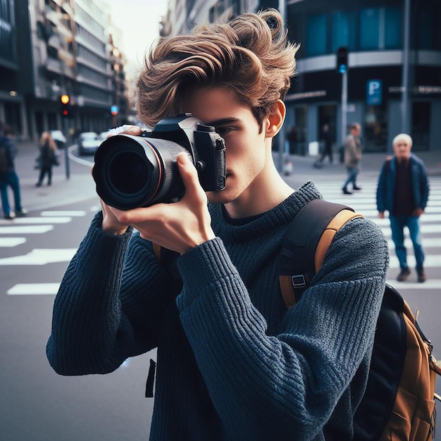 Foto un joven lindo llevando al fotógrafo por la concurrida calle de la ciudad