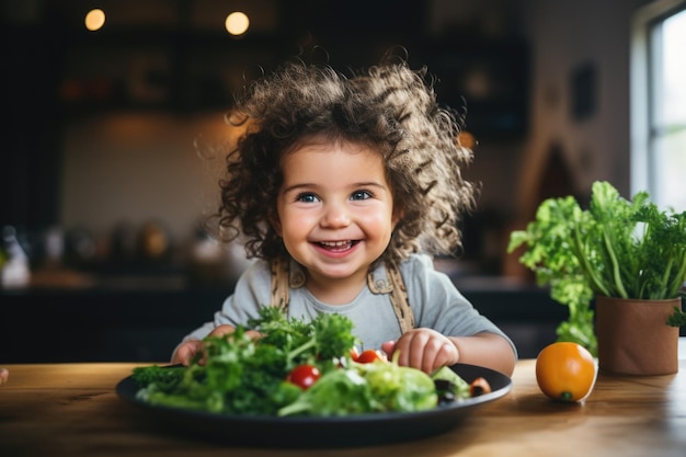 Un joven lindo y sonriente comiendo ensalada fresca y saludable en el moderno interior de la cocina lleno de frutas