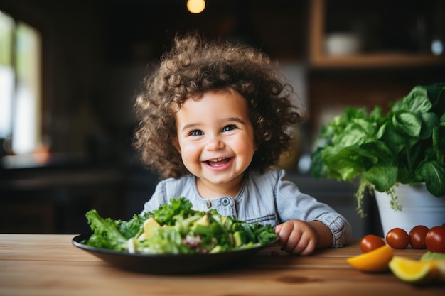 Un joven lindo y sonriente comiendo ensalada fresca y saludable en el moderno interior de la cocina lleno de frutas