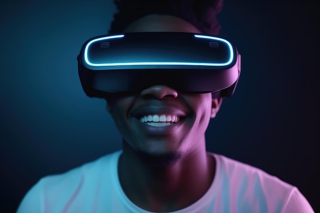 Un joven lleva gafas de realidad virtual o auriculares VR y juega en realidad virtual