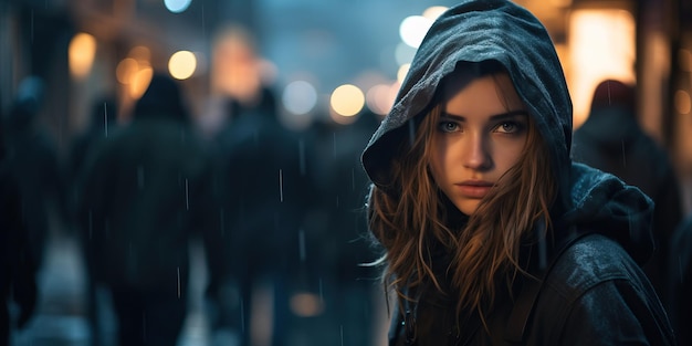 joven en la lluvia en la ciudad por la noche