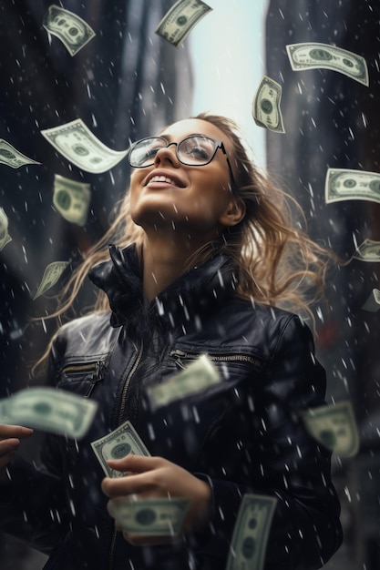 joven bajo la lluvia de dinero IA generativa