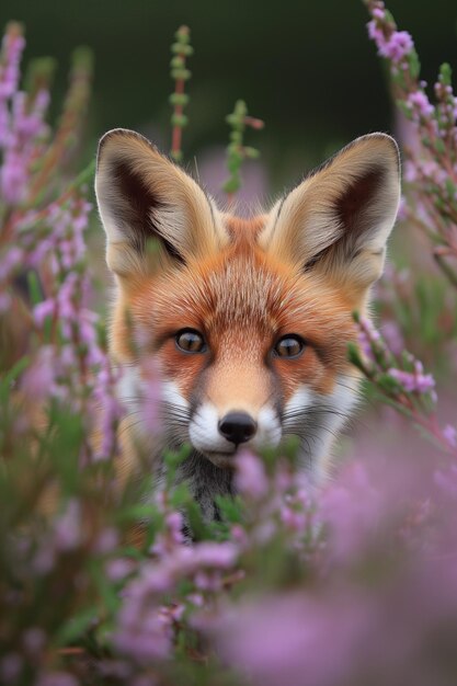 Foto el joven lobo en el brezo.