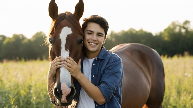 Joven macho abrazando a un caballo en un campo bajo la luz del sol por la noche