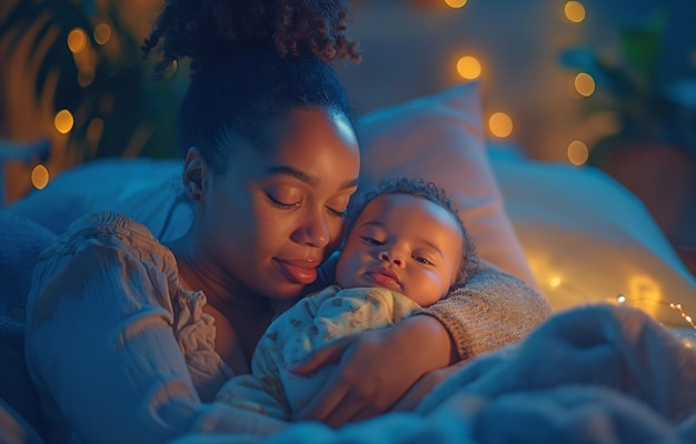 Una joven madre afroamericana está amamantando a su hijo en su dormitorio