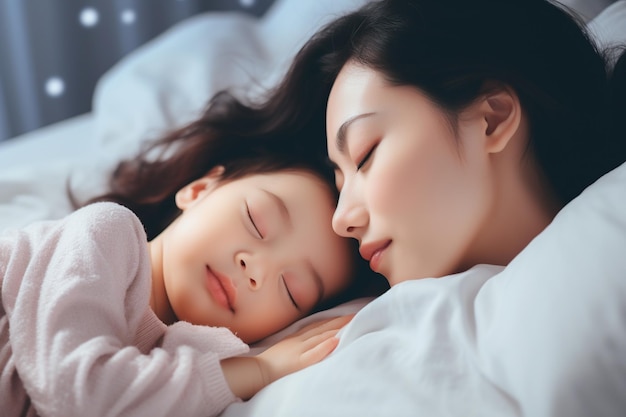 Joven madre asiática con su hija durmiendo generada por IA