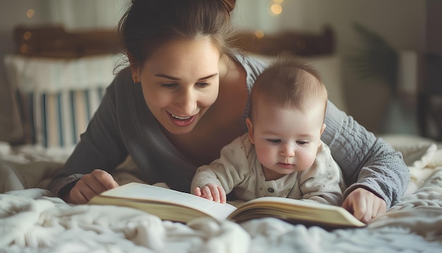 Una joven madre leyendo un libro a su lindo bebé en la cama.