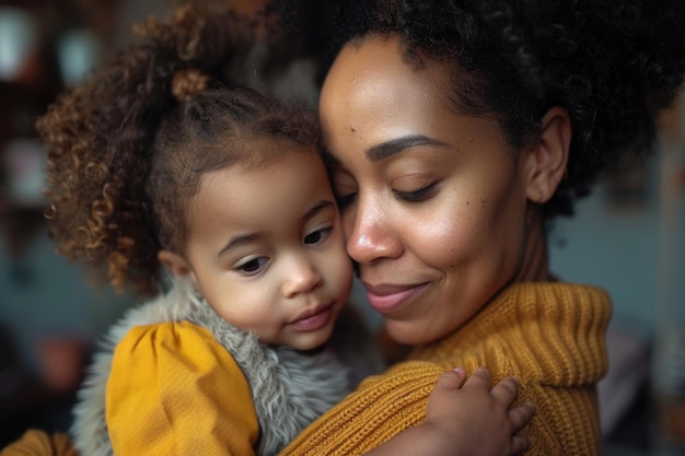 Una joven madre negra sosteniendo a su hija abrazando sus frentes tocando compartiendo un momento tierno en un hogar acogedor concepto de amor maternal